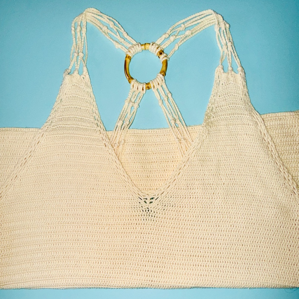 Vintage Lauren Ralph Lauren Beige Crochet Halter Top 90s Medium Boho Y2K Crochet